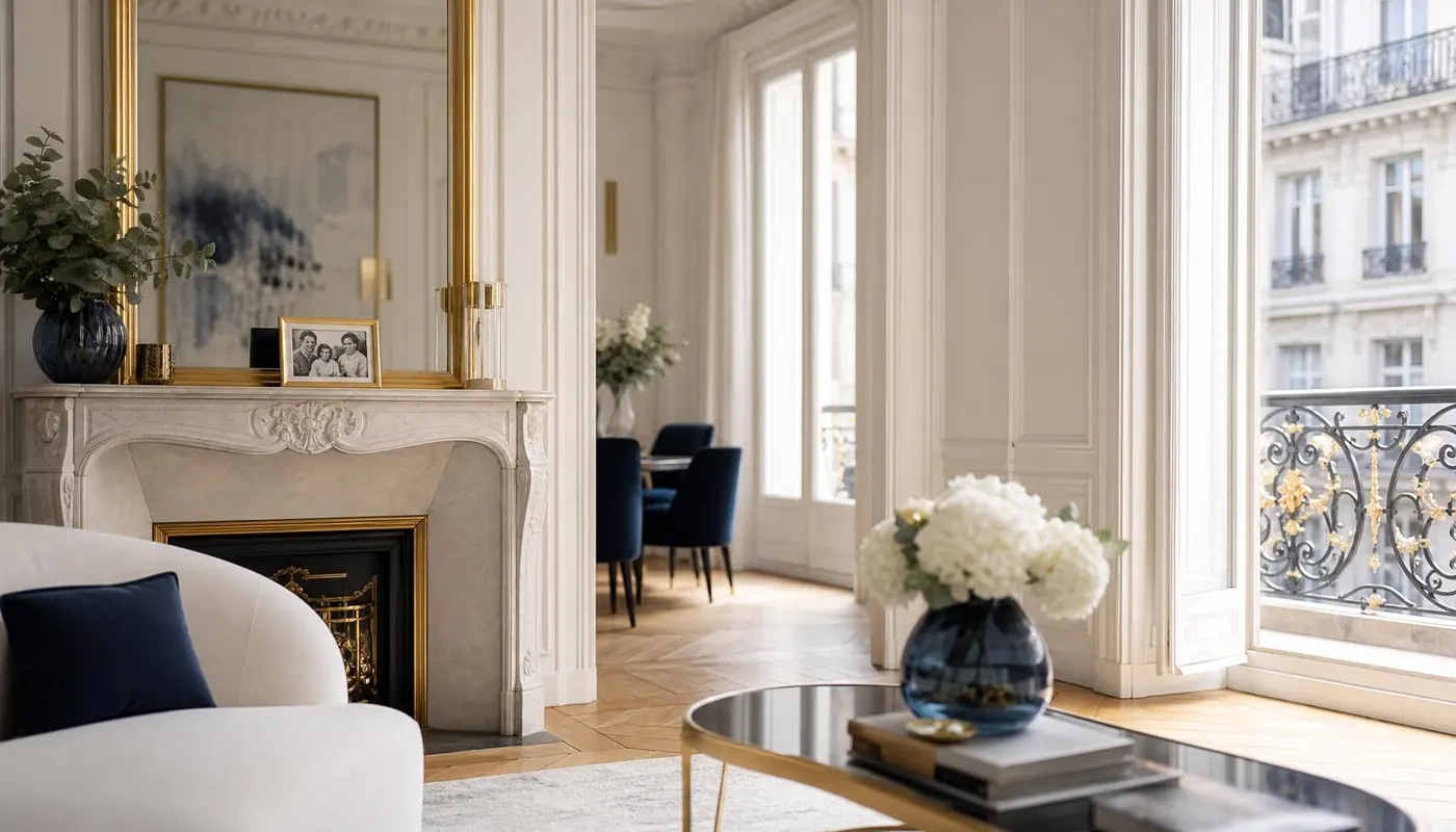 Intérieur luxueux d'un appartement parisien typique de l'immobilier haut de gamme