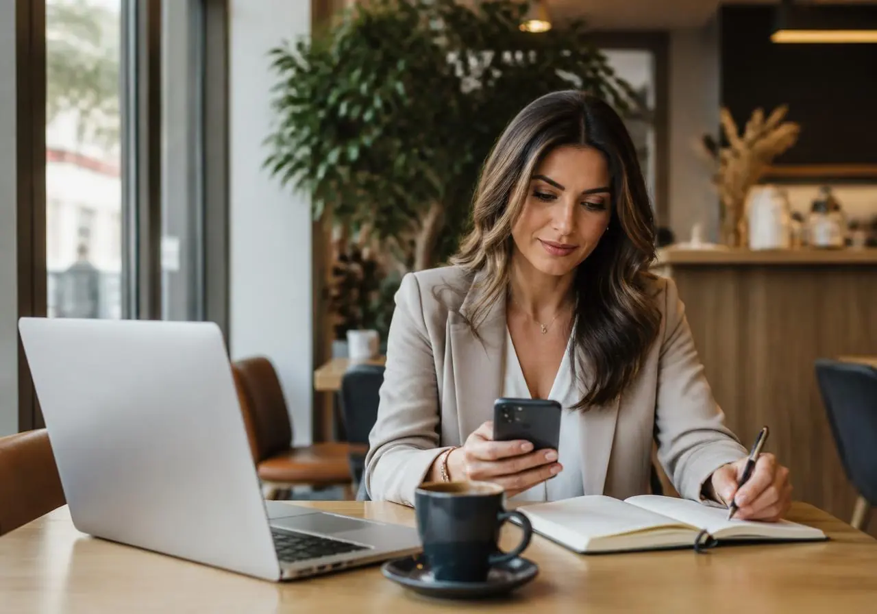 Agent immobilier préparant son planning de contenu hebdomadaire sur ordinateur portable et smartphone