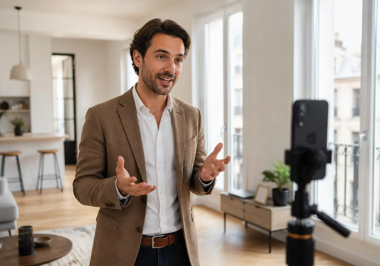 Agent immobilier filmant une vidéo courte au smartphone dans un appartement lumineux